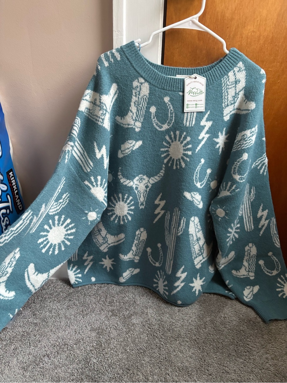 Very J Teal & Cream Western Motif Crewneck Sweater